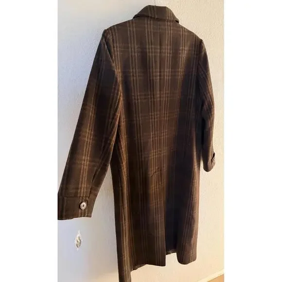 New Lauren Ralph Lauren Longline Plaid Wool Blend Reefer Coat Brown Plaid Sz 12 - Picture 7 of 11